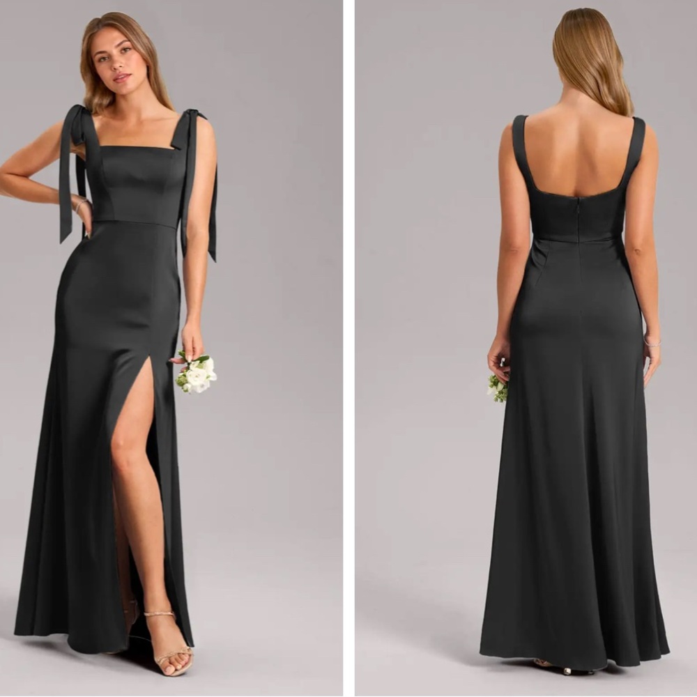 Azazie Frostine, Black A-Line Bow Stretch Satin Dress,Size A2
